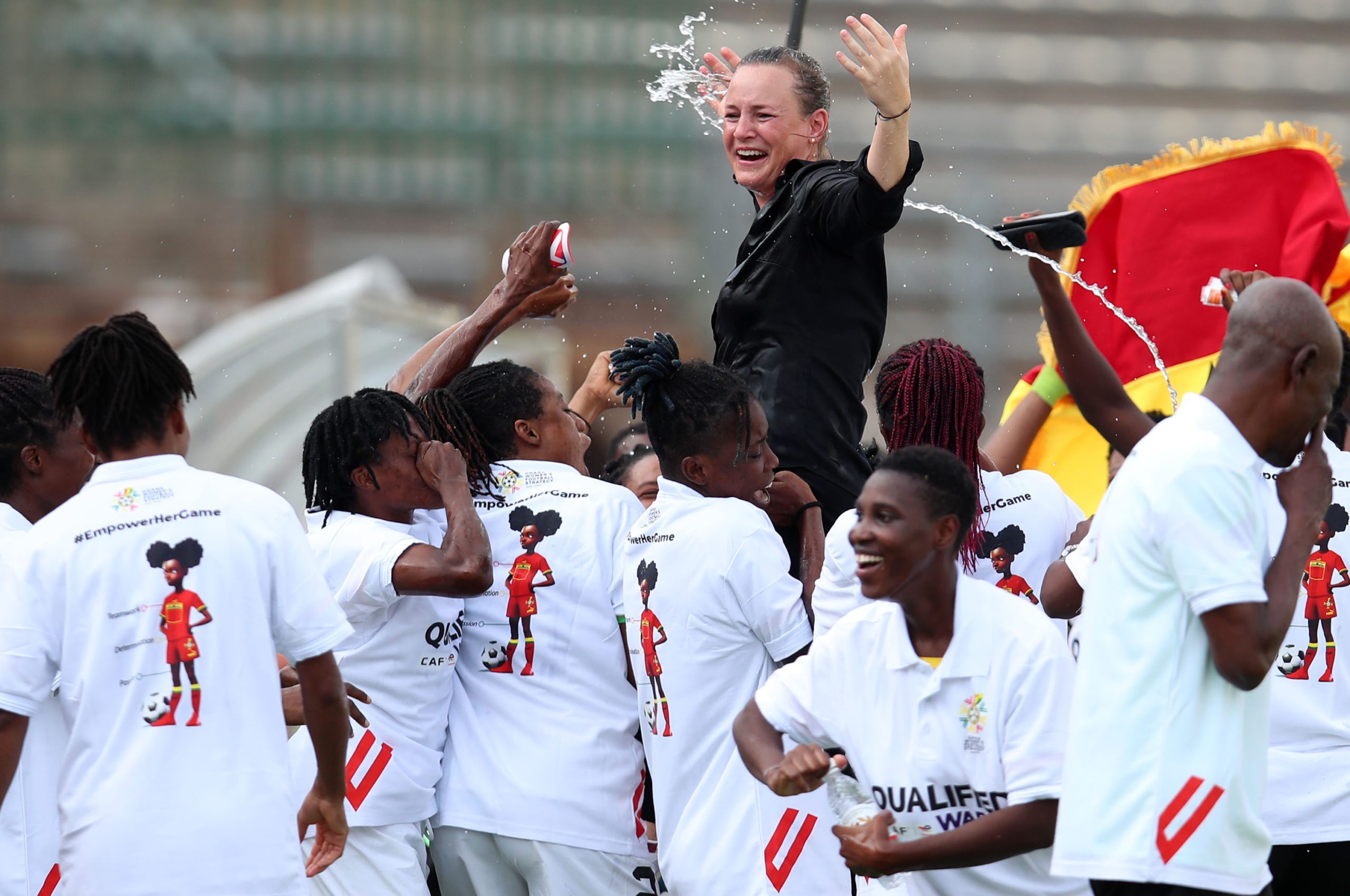 nora hauptle coach of ghana celebrates with players during the 2024 wafcon qualifier match between namibia and ghana at the lucas moripe stadium atteridgeville scaled